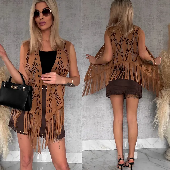 Oryginalna zamszowa narzutka boho ażurowa ONE SIZE - R762