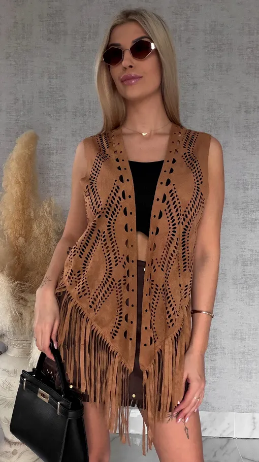 Oryginalna zamszowa narzutka boho ażurowa ONE SIZE - R762