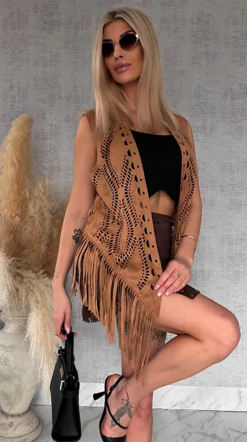 Oryginalna zamszowa narzutka boho ażurowa ONE SIZE - R762