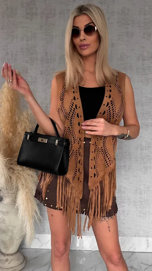 Oryginalna zamszowa narzutka boho ażurowa ONE SIZE - R762