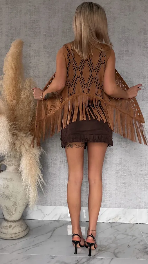 Oryginalna zamszowa narzutka boho ażurowa ONE SIZE - R762