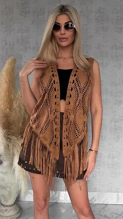 Oryginalna zamszowa narzutka boho ażurowa ONE SIZE - R762