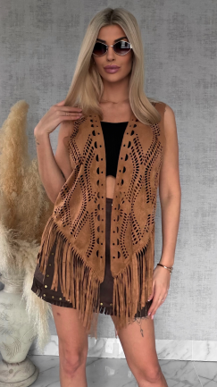 Oryginalna zamszowa narzutka boho ażurowa ONE SIZE - R762