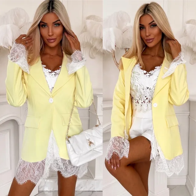 Elegancka cytrynowa marynarka wykończona koronką ONE SIZE - R899A