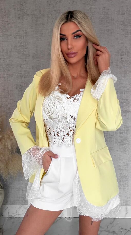 Elegancka cytrynowa marynarka wykończona koronką ONE SIZE - R899A
