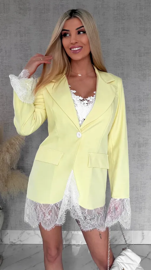 Elegancka cytrynowa marynarka wykończona koronką ONE SIZE - R899A