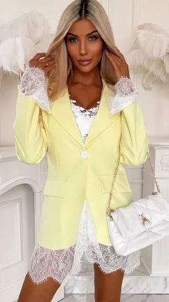 Elegancka cytrynowa marynarka wykończona koronką ONE SIZE - R899A
