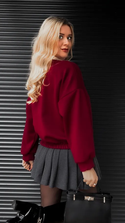 Bordowa bluza z koszulową wstawką i krawatem ONE SIZE - R403