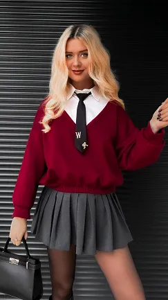 Bordowa bluza z koszulową wstawką i krawatem ONE SIZE - R403