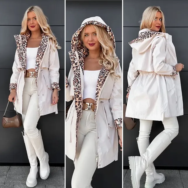 Kurtka PARKA w kolorze ecru zdobiona wzorem pantery - R066