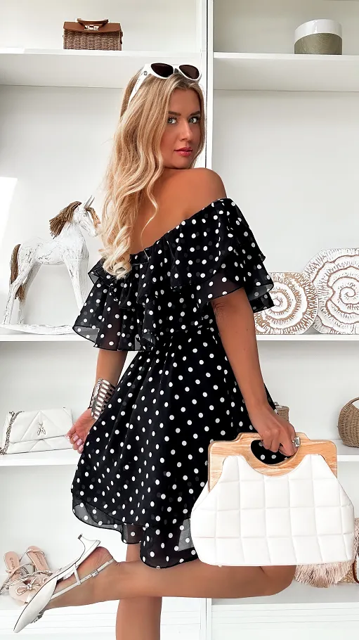 Cudowna czarna sukienka hiszpanka w grochy ONE SIZE - P849C