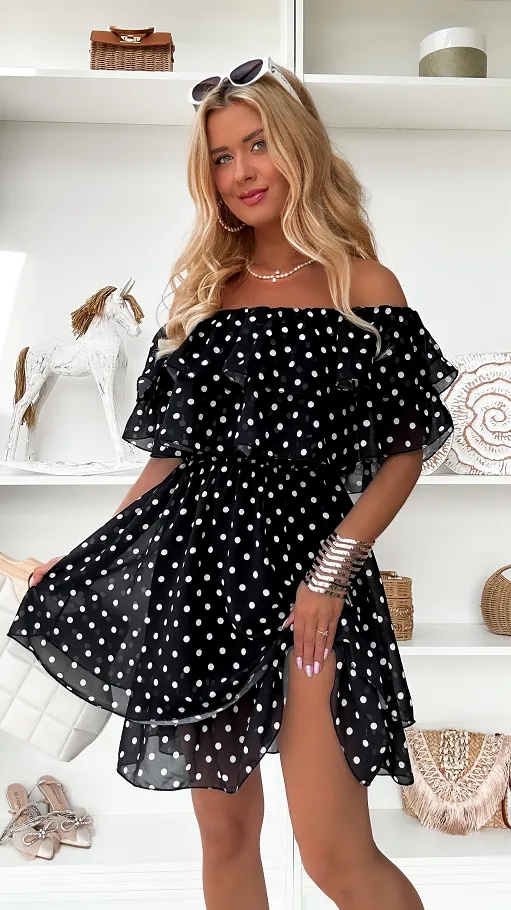 Cudowna czarna sukienka hiszpanka w grochy ONE SIZE - P849C