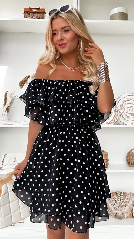Cudowna czarna sukienka hiszpanka w grochy ONE SIZE - P849C