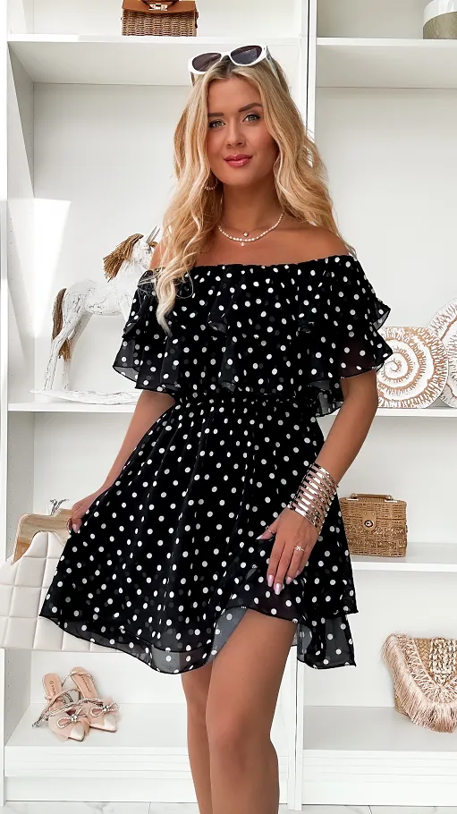 Cudowna czarna sukienka hiszpanka w grochy ONE SIZE - P849C