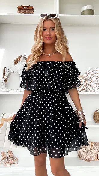 Cudowna czarna sukienka hiszpanka w grochy ONE SIZE - P849C