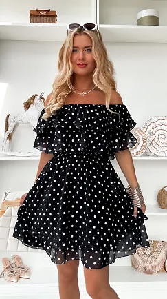 Cudowna czarna sukienka hiszpanka w grochy ONE SIZE - P849C