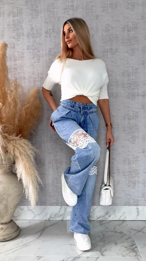 Idealny wiosenny sweter z krótkim rękawem ECRU - R660D