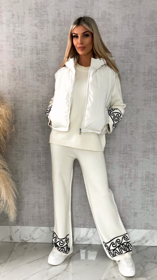 Idealna wiosenna kamizelka ECRU z kapturem zdobiona cyrkoniami - R624