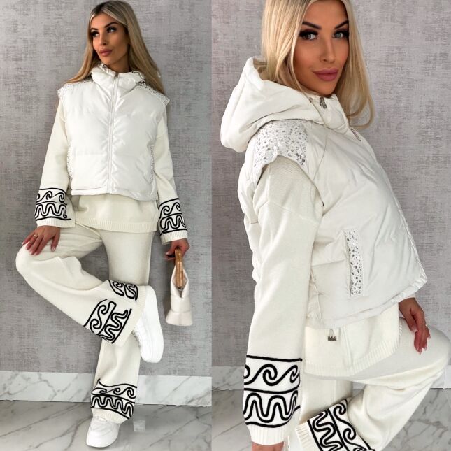 Idealna wiosenna kamizelka ECRU z kapturem zdobiona cyrkoniami - R624