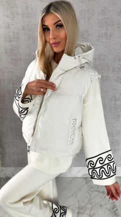 Idealna wiosenna kamizelka ECRU z kapturem zdobiona cyrkoniami - R624