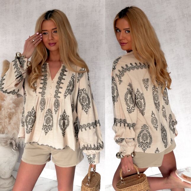 Luźna bluzka boho w kolorze ecru z haftami - S030