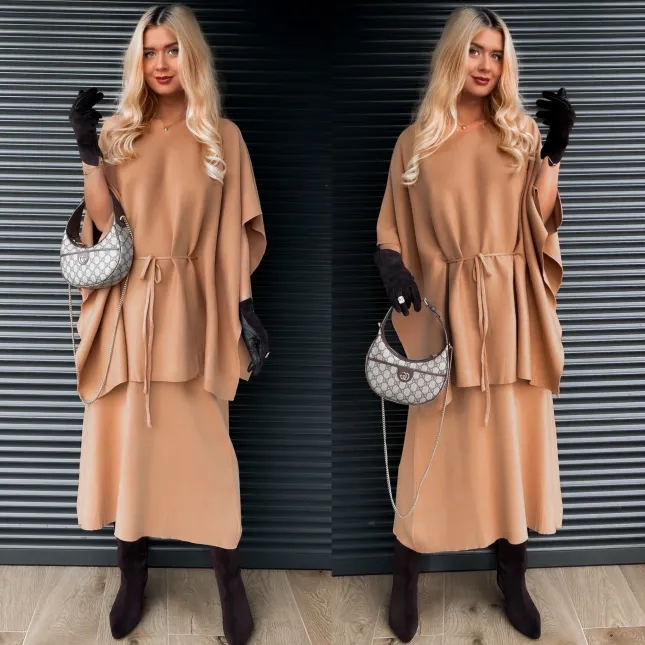 Elegancki dzianinowy komplet tunika + spódnica ONE SIZE toffi - R315C