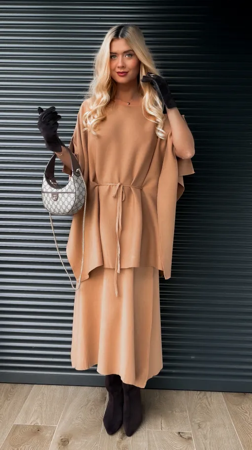 Elegancki dzianinowy komplet tunika + spódnica ONE SIZE toffi - R315C