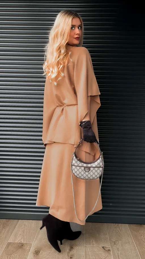 Elegancki dzianinowy komplet tunika + spódnica ONE SIZE toffi - R315C