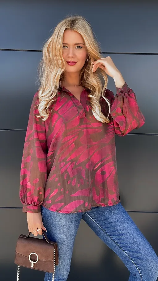 Asymetryczna luźna bluzka z modnym dekoltem ONE SIZE pink - P982B