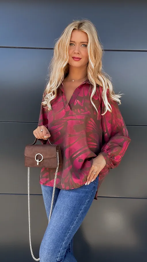 Asymetryczna luźna bluzka z modnym dekoltem ONE SIZE pink - P982B
