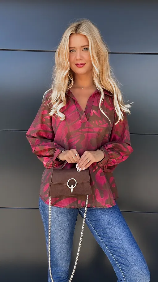 Asymetryczna luźna bluzka z modnym dekoltem ONE SIZE pink - P982B