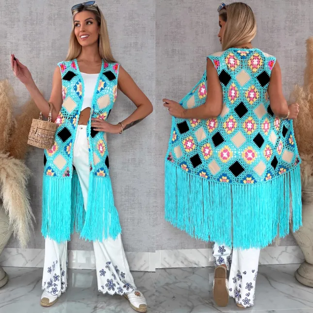 Oryginalna turkusowa narzutka BOHO kamizelka z frędzlami ONE SIZE - R701A