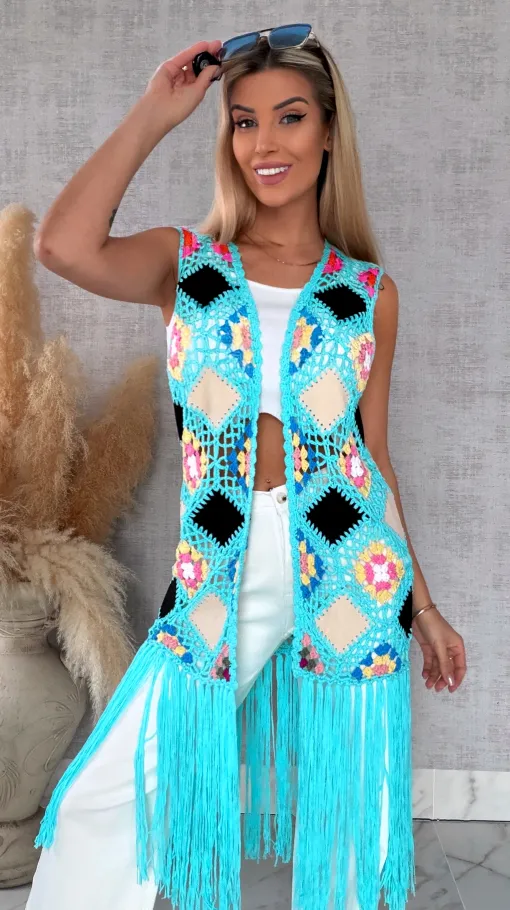 Oryginalna turkusowa narzutka BOHO kamizelka z frędzlami ONE SIZE - R701A
