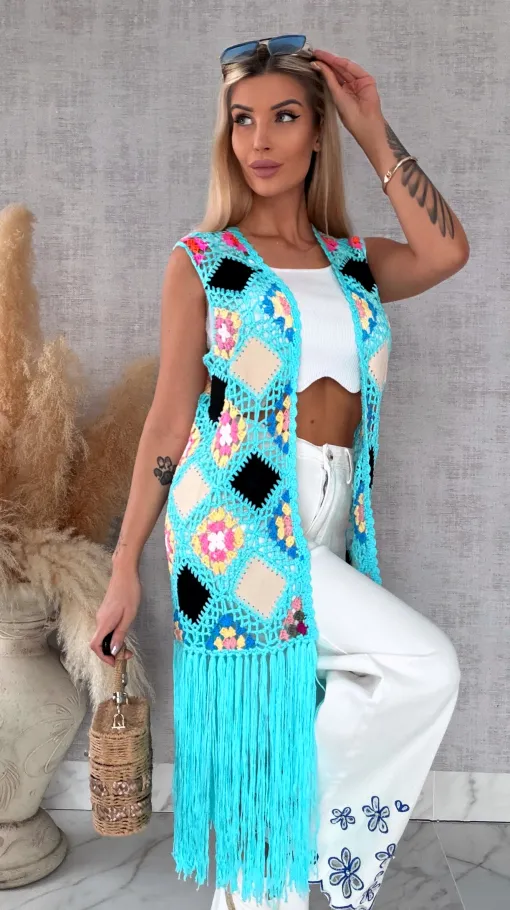 Oryginalna turkusowa narzutka BOHO kamizelka z frędzlami ONE SIZE - R701A