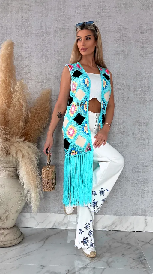 Oryginalna turkusowa narzutka BOHO kamizelka z frędzlami ONE SIZE - R701A