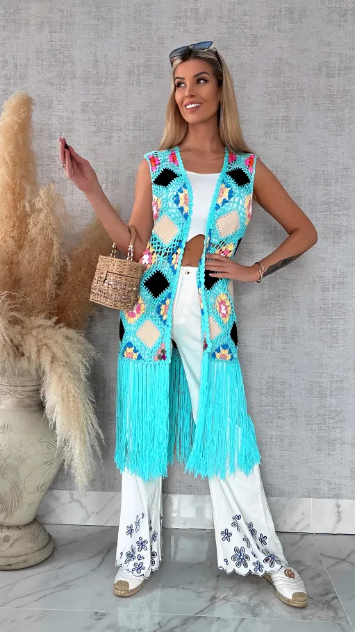 Oryginalna turkusowa narzutka BOHO kamizelka z frędzlami ONE SIZE - R701A