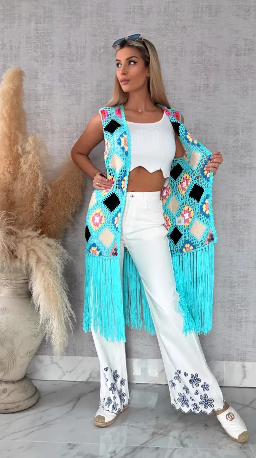 Oryginalna turkusowa narzutka BOHO kamizelka z frędzlami ONE SIZE - R701A