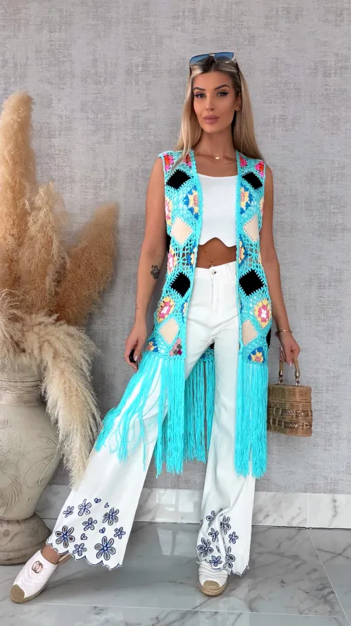 Oryginalna turkusowa narzutka BOHO kamizelka z frędzlami ONE SIZE - R701A