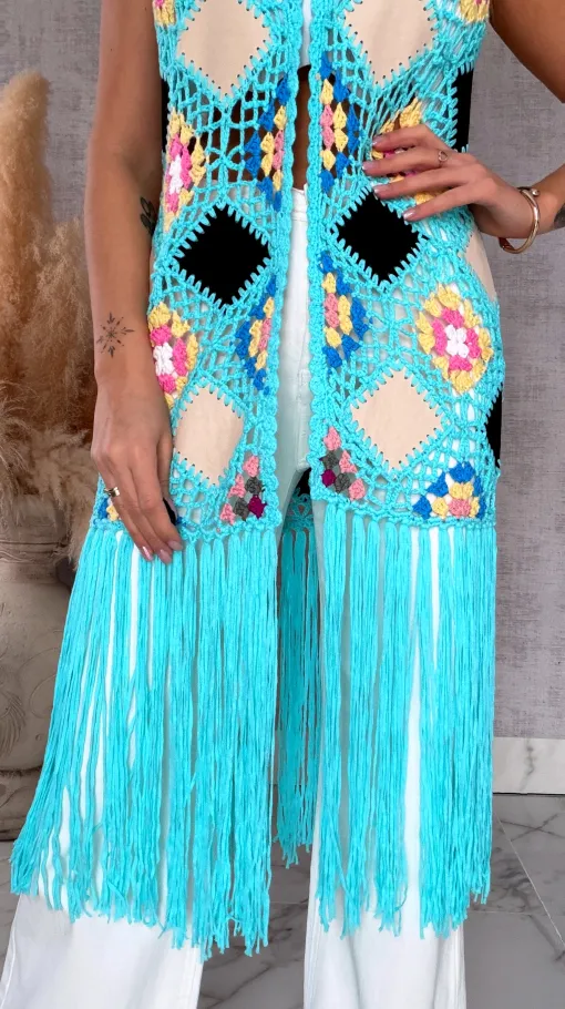 Oryginalna turkusowa narzutka BOHO kamizelka z frędzlami ONE SIZE - R701A