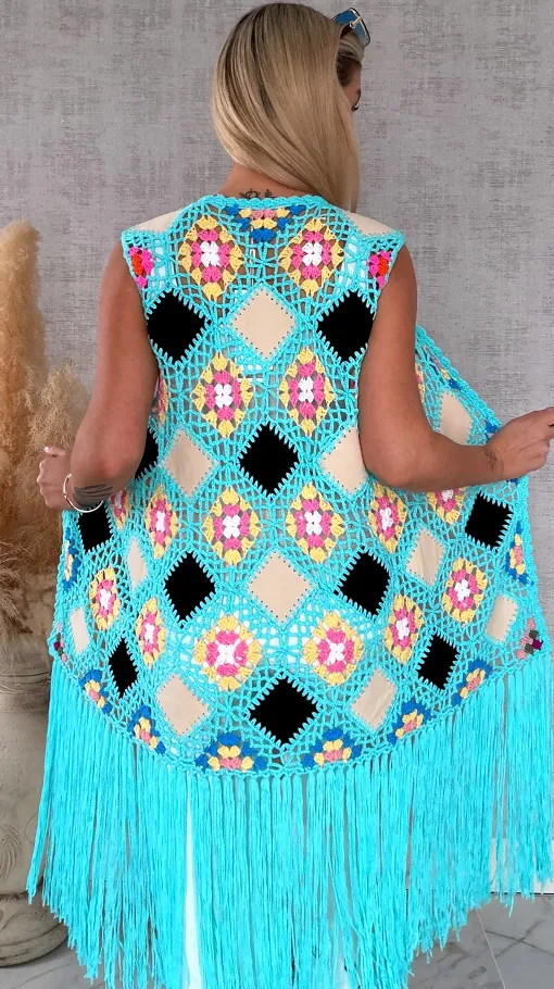 Oryginalna turkusowa narzutka BOHO kamizelka z frędzlami ONE SIZE - R701A