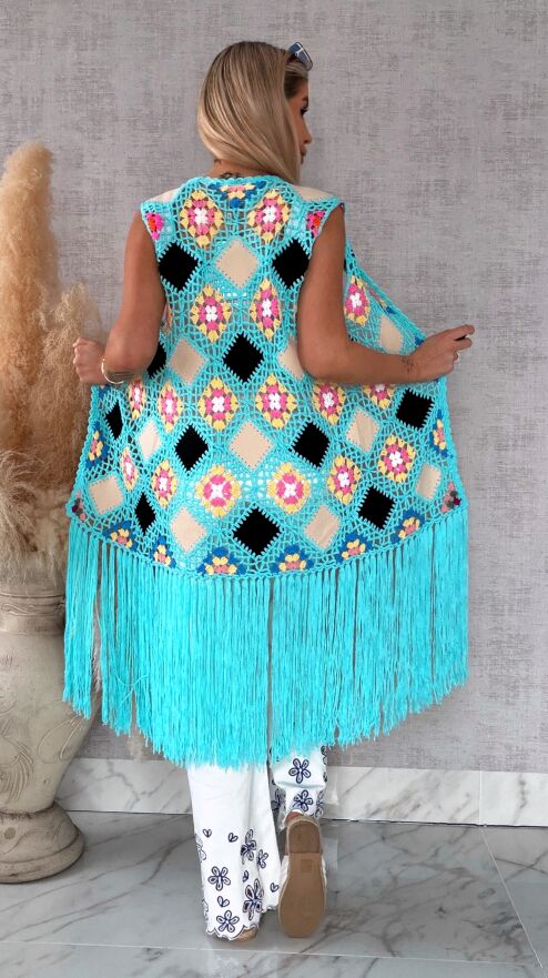 Oryginalna turkusowa narzutka BOHO kamizelka z frędzlami ONE SIZE - R701A
