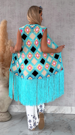 Oryginalna turkusowa narzutka BOHO kamizelka z frędzlami ONE SIZE - R701A