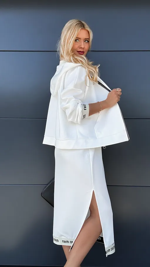 Wygodny BIAŁY komplet jesienny bluza z kapturem + sukienka ONE SIZE - R034C