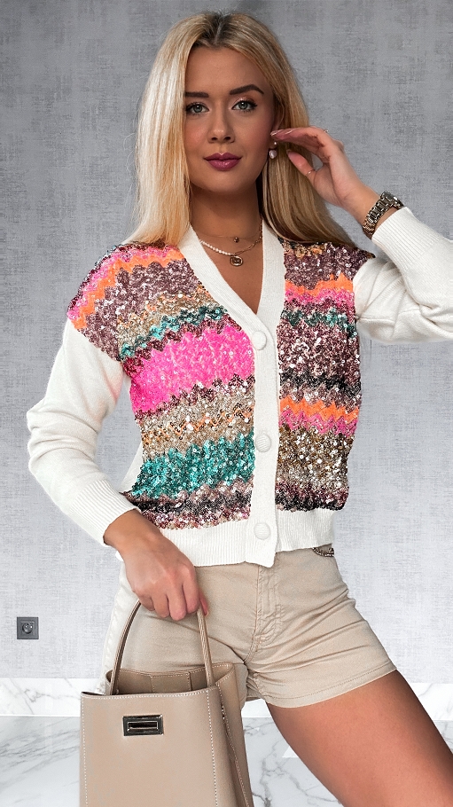 Sweter ECRU na guziki zdobiony cekinami w pastelowe paski - P133