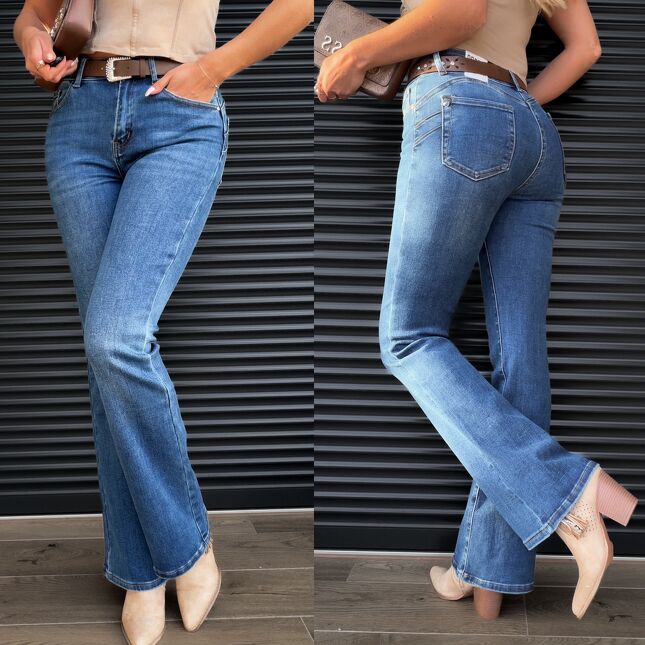 Niebieskie elastyczne dzwony PUSH UP super spodnie jeansowe z paskiem - S412