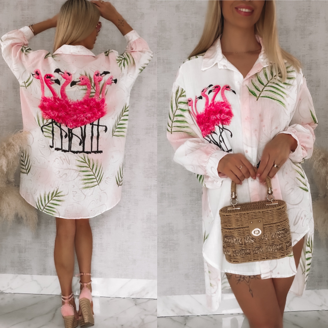 Asymetryczna lniana koszula z flamingami OVERSIZE - R943