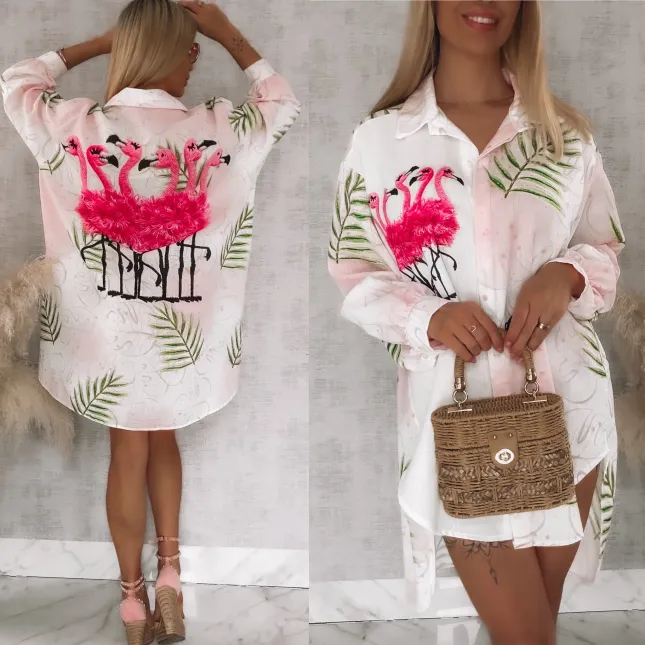 Asymetryczna lniana koszula z flamingami OVERSIZE - R943