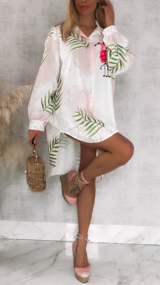 Asymetryczna lniana koszula z flamingami OVERSIZE - R943