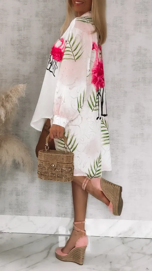 Asymetryczna lniana koszula z flamingami OVERSIZE - R943