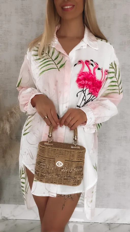 Asymetryczna lniana koszula z flamingami OVERSIZE - R943
